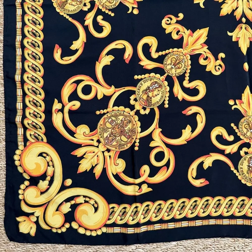 Escada Baroque Gold Black Silk Scarf 34”x35”